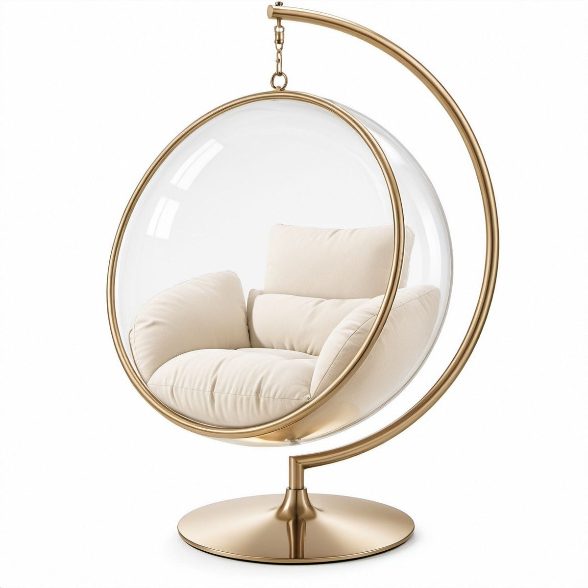 Wiszący fotel kula przezroczysto-złoty z poduszkami ecru, 105 x 105 x 195 cm
