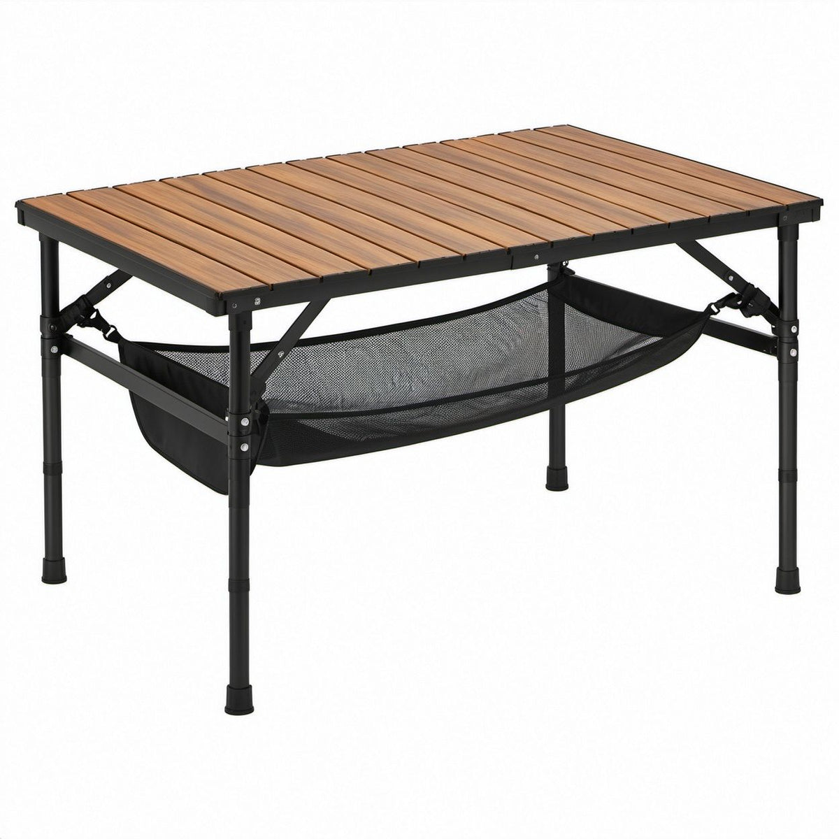Składany stół kempingowy aluminiowy 120 x 60 x 45–65 cm z siatkową półką, brązowo-czarny