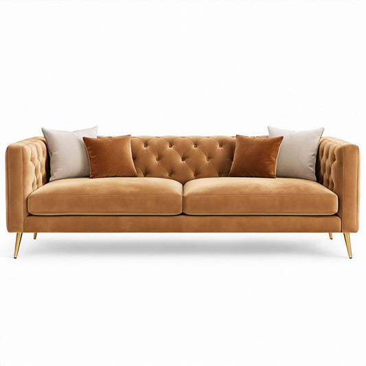 Trzyosobowa sofa Chesterfield z aksamitu poliestrowego, karmelowa, 220 x 90 x 78 cm