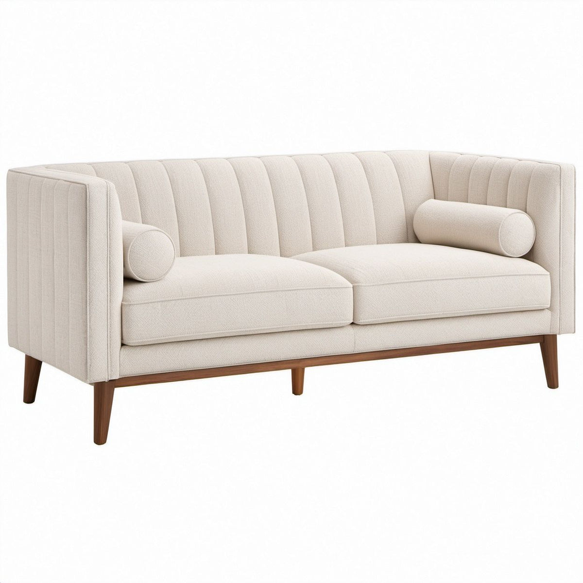 Kremowa sofa dwuosobowa z tapicerką bouclé i brązowymi nogami, 145 x 84 x 78 cm