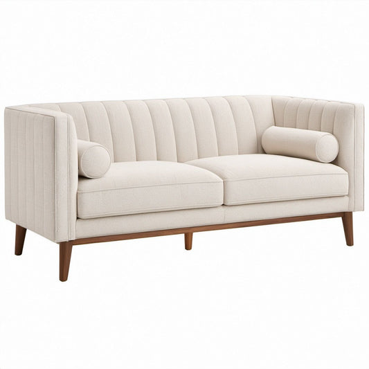 Kremowa sofa dwuosobowa z tapicerką bouclé i brązowymi nogami, 145 x 84 x 78 cm