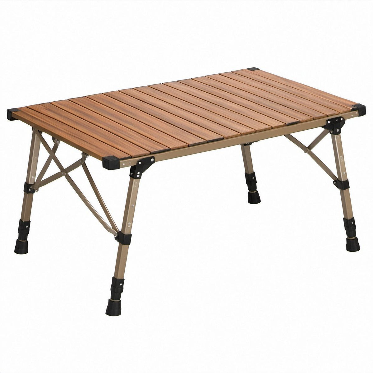 Składany stół kempingowy aluminiowy 120 x 60 cm, regulowana wysokość 45–70 cm, brązowy/beżowy/czarny