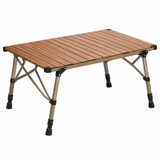 Składany stół kempingowy aluminiowy 120 x 60 cm, regulowana wysokość 45–70 cm, brązowy/beżowy/czarny