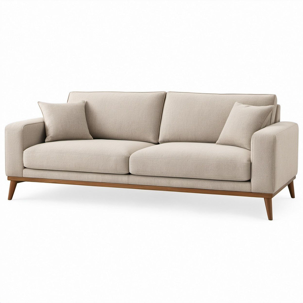 Trzyosobowa sofa beżowa z brązowymi nogami, tkanina poliestrowa, 220 x 90 x 85 cm