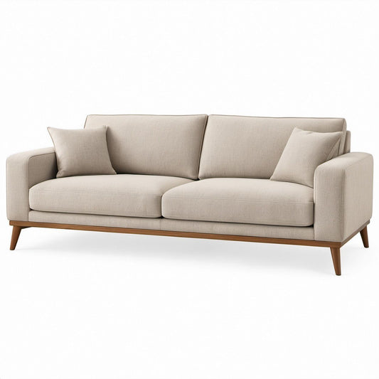 Trzyosobowa sofa beżowa z brązowymi nogami, tkanina poliestrowa, 220 x 90 x 85 cm