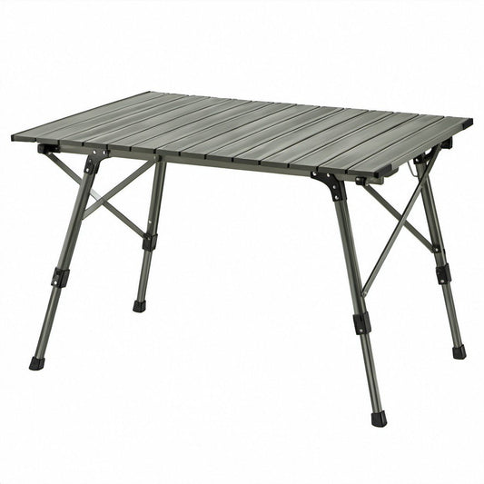 Składany aluminiowy stół kempingowy oliwkowozielony/czarny 120 x 60 cm, wysokość 55–65 cm