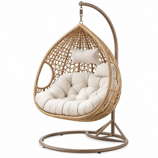Beżowy fotel wiszący kokon z technorattanu ze stojakiem taupe 105 x 105 x 195 cm