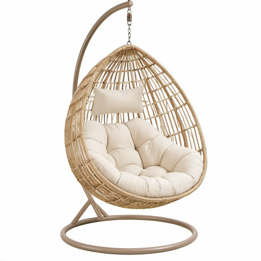 Beżowo-kremowy wiszący kokon z technorattanu PE 105 x 105 x 195 cm