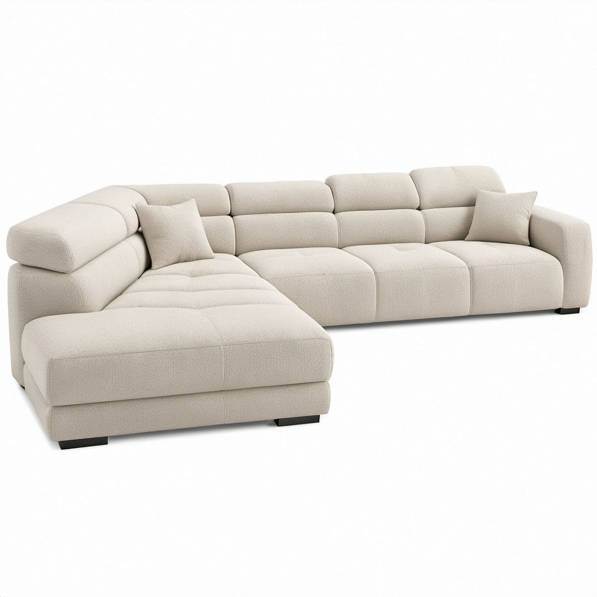 Lewostronna sofa narożna w kształcie L, kremowa, tkanina bouclé, 305 × 175 × 88 cm