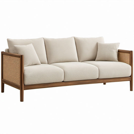 Trzyosobowa sofa kremowo-brązowa z plecionymi bokami, 210 x 85 x 82 cm