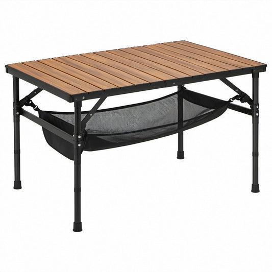 Składany stół kempingowy aluminiowy 120 x 60 x 45–65 cm z siatkową półką, brązowo-czarny